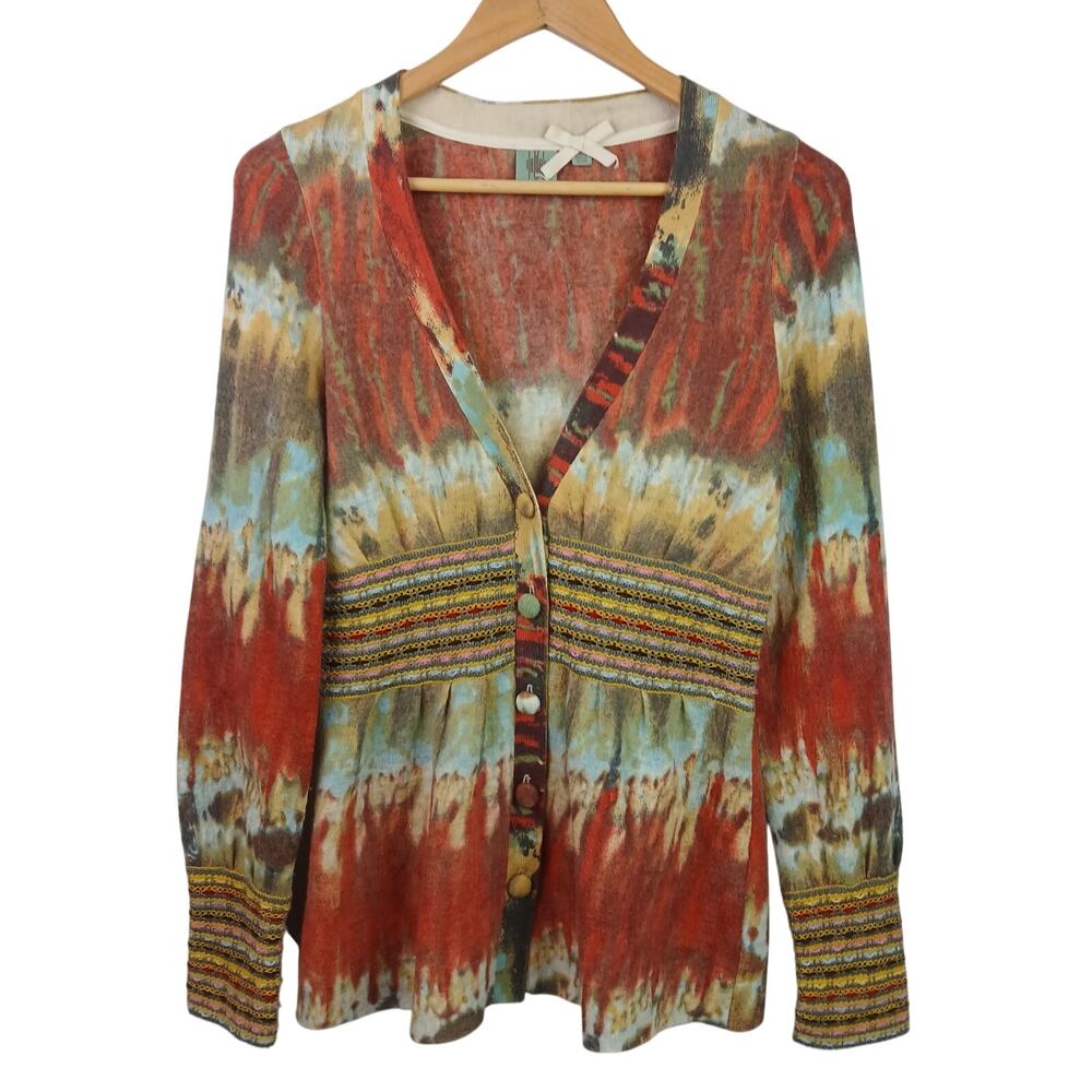 Anthropologie HWR SZ S 100% Wool Monogram Dip Dye Button Front Peplum Sweater - Picture 2 of 6